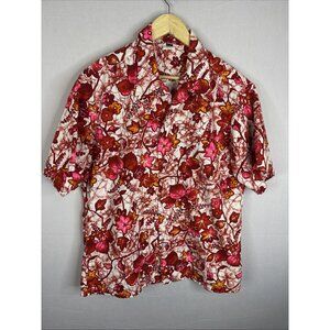 Vintage Made In Hawaii Aloha Shirt XL Red Pink Floral Barkcloth